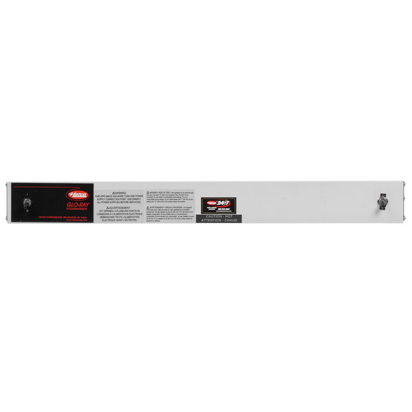 A white rectangular Hatco infrared warmer with black and red toggle controls.