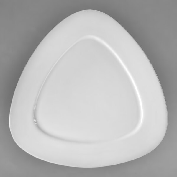 A white 10 Strawberry Street triangle porcelain plate.
