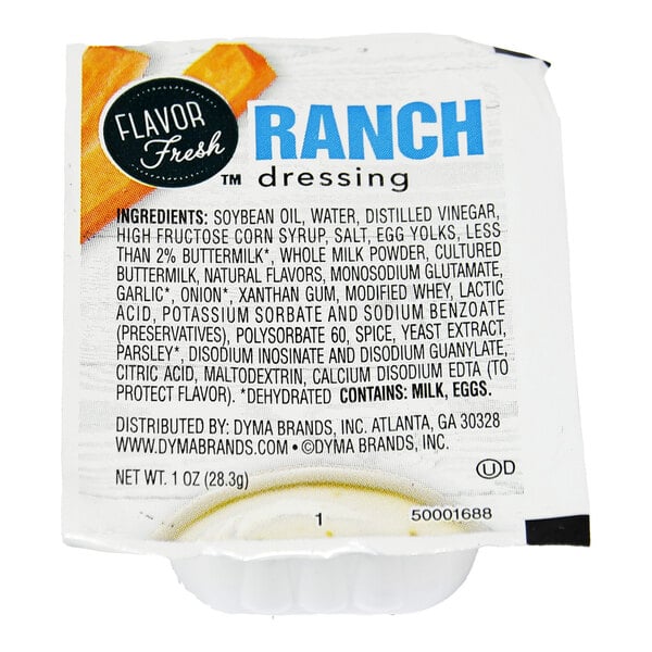 A white package of House Blend Ranch sauce portion cups with black and blue text.