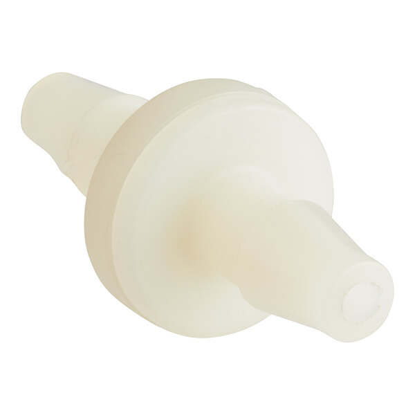 A white plastic round-topped check valve with a point.