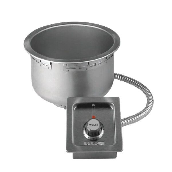 A silver Wells insulated round drop-in soup well with a thermostatic control and plug.