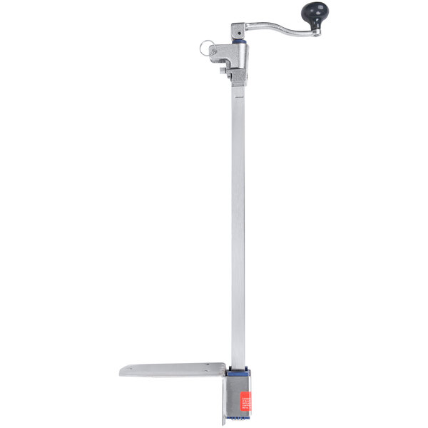 A metal pole with a black handle and a stainless steel base.