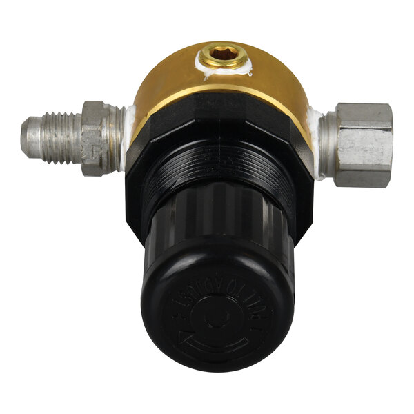 A black and gold Bunn regulator valve assembly with a black plastic cap and a screw.