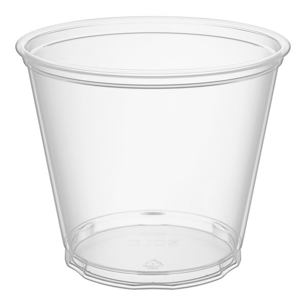 A clear 9 oz. plastic squat cold cup.