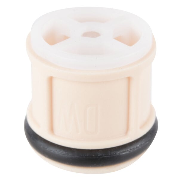 A white plastic air check valve with a black cap.