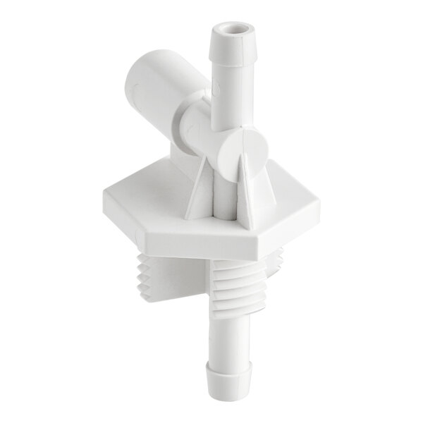 A white plastic Bunn needle valve with a small hole in the middle.