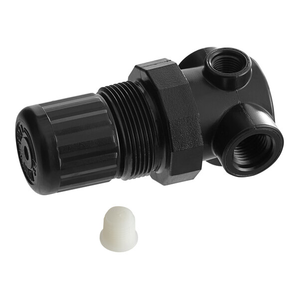 A black plastic pipe with a white plastic nut and a black water valve with a white cap.