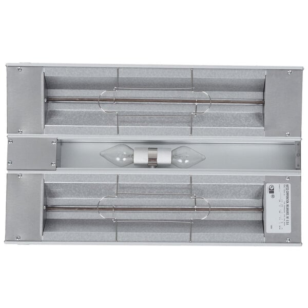 A Hatco dual infrared light warmer with two bulbs inside metal fixtures.