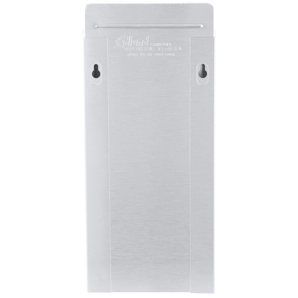 A stainless steel knife rack with a white rectangular insert with holes.