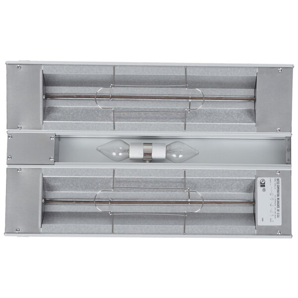 A Hatco dual infrared lighted warmer with two bulbs inside.