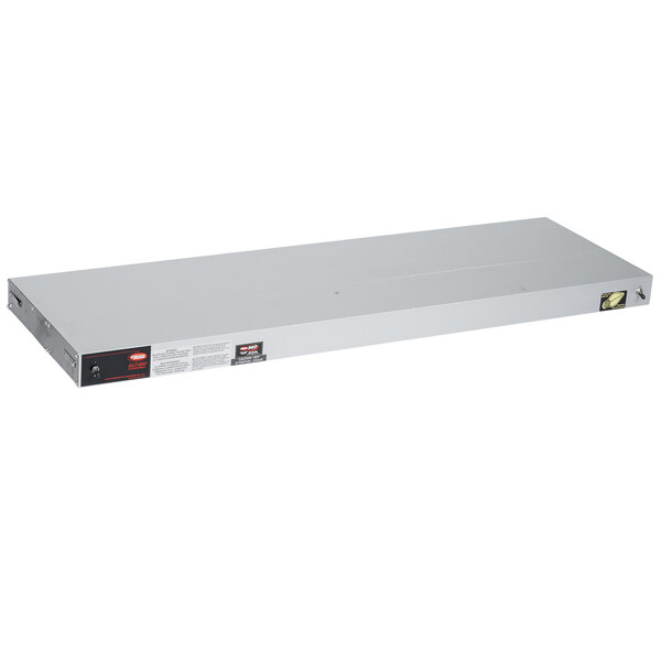 A white rectangular Hatco strip warmer with metal shelves and labels.