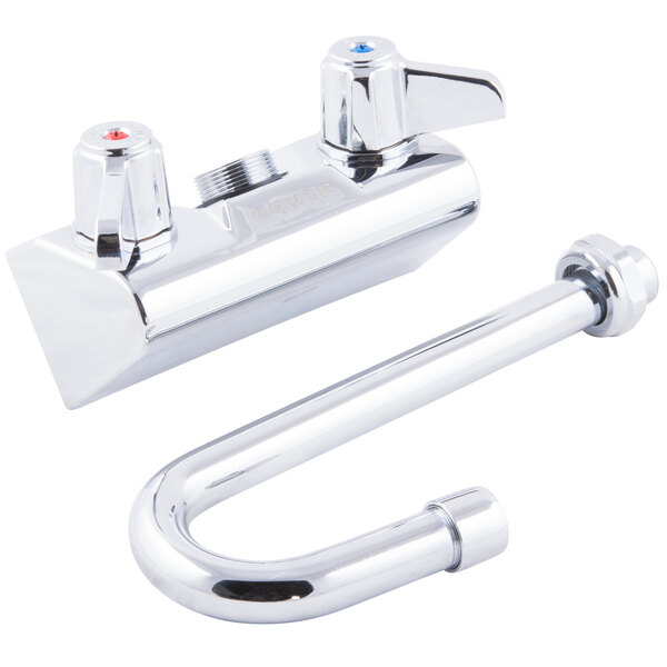 A chrome Equip by T&amp;S wall mounted faucet with gooseneck spout and lever handles.