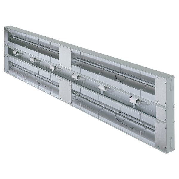 A long rectangular Hatco strip warmer with metal shelves and dual infrared lights.