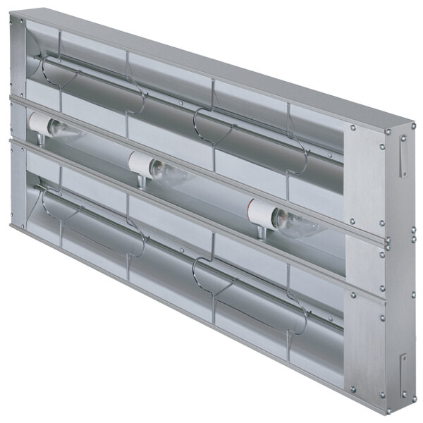 A close-up of a Hatco lighted strip warmer with infrared bulbs.