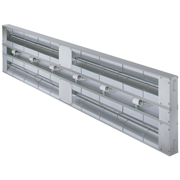 A long rectangular Hatco Glo-Ray infrared lighted warmer with metal shelves inside.