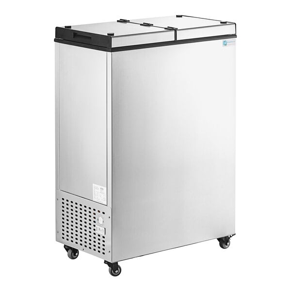 A silver rectangular Excellence FT-4 ice cream storage freezer with a black top.