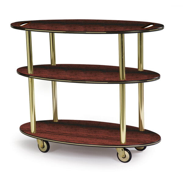 A three tiered wood and gold Geneva serving cart with red maple shelves.