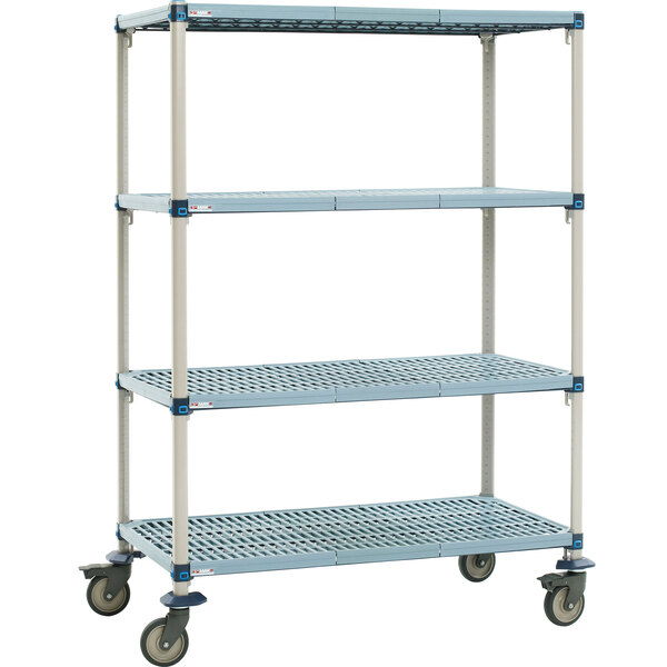 A blue metal MetroMax Q shelving unit with wheels.