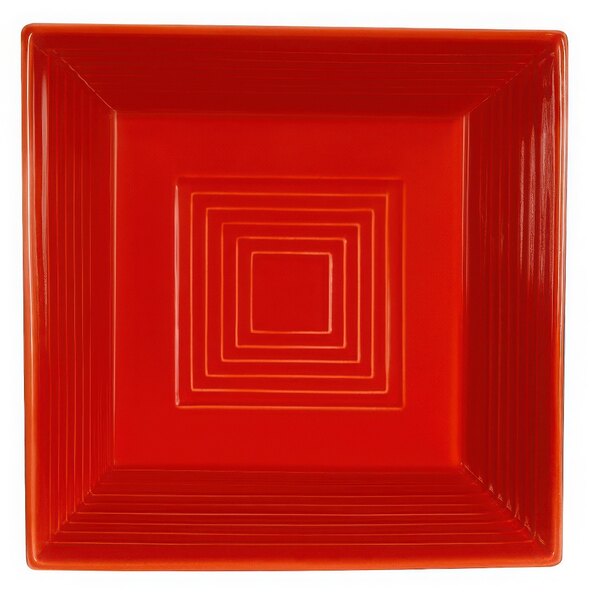 A red square bowl with white lines.