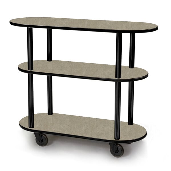 A Geneva 3 shelf side service cart with wheels.