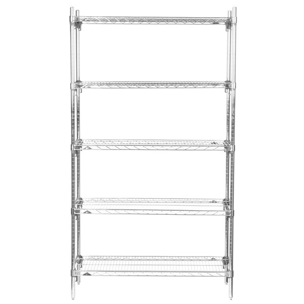 A Metro chrome wire shelving unit with four shelves.