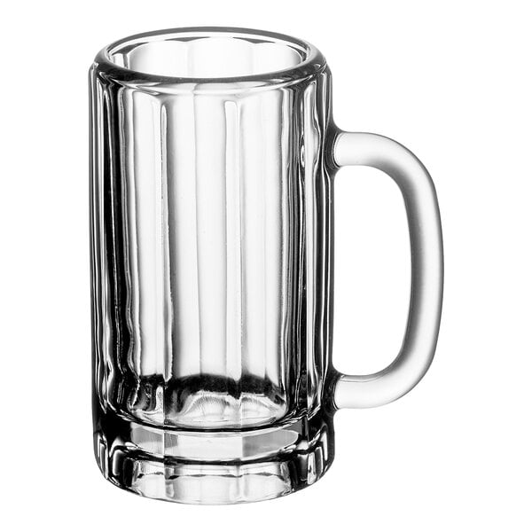 A case of 12 clear glass Libbey beer mugs with handles.