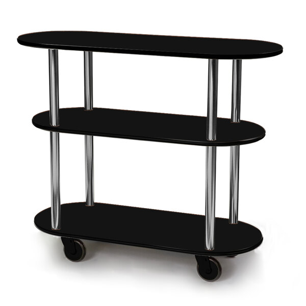 A black rectangular Geneva 3 shelf service cart with wheels.