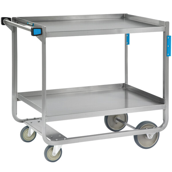 A Lakeside stainless steel utility cart with two shelves and wheels.