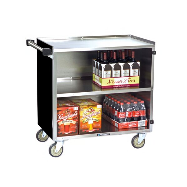 A black Lakeside stainless steel utility cart with bottles of wine on it.