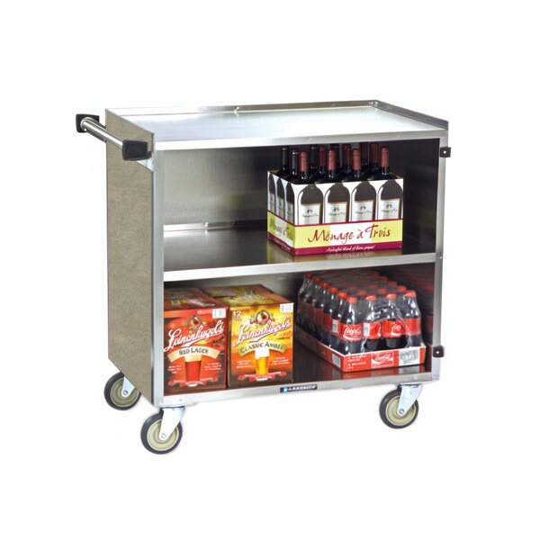 A Lakeside stainless steel utility cart with wine and soda bottles in a box on it.