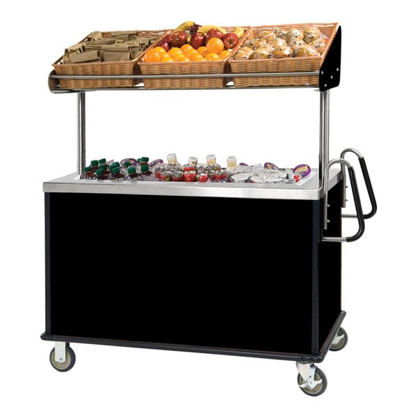 Lakeside 668B Stainless Steel Vending Cart with Insulated Stainless Steel Bin, Overhead Shelf, and Black Finish - 28 1/2" x 54 3/4" x 67"