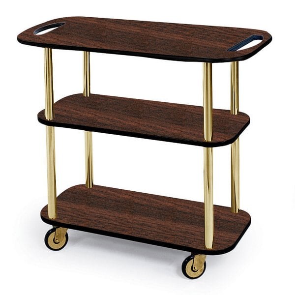 A mahogany 3 tier rectangular serving cart with wheels.