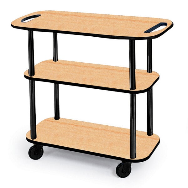 A Geneva wood serving cart with three shelves on wheels.