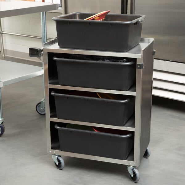 A Lakeside stainless steel utility cart with black containers on it.