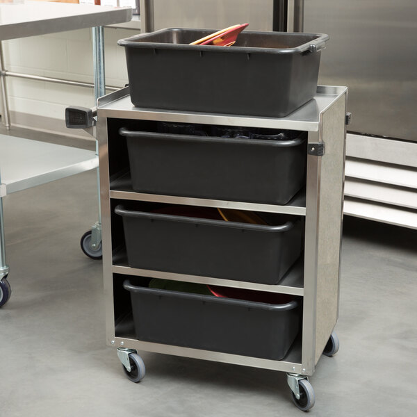 A Lakeside stainless steel utility cart with black containers on top.