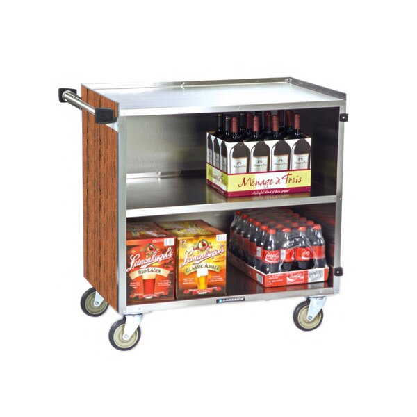 A Lakeside stainless steel utility cart with bottles of wine and soda on it.