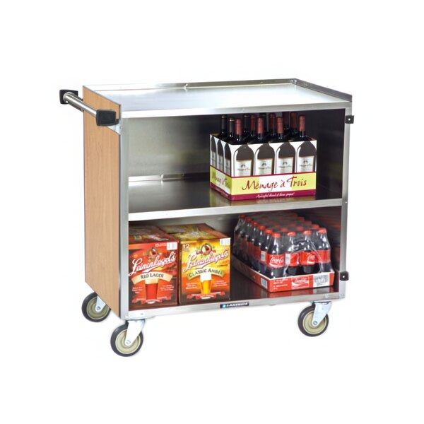 A Lakeside stainless steel utility cart with drinks and snacks on it.