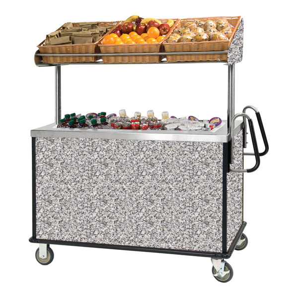 Lakeside 668GS Stainless Steel Vending Cart with Insulated Stainless Steel Bin, Overhead Shelf, and Gray Sand Finish - 28 1/2" x 54 3/4" x 67"