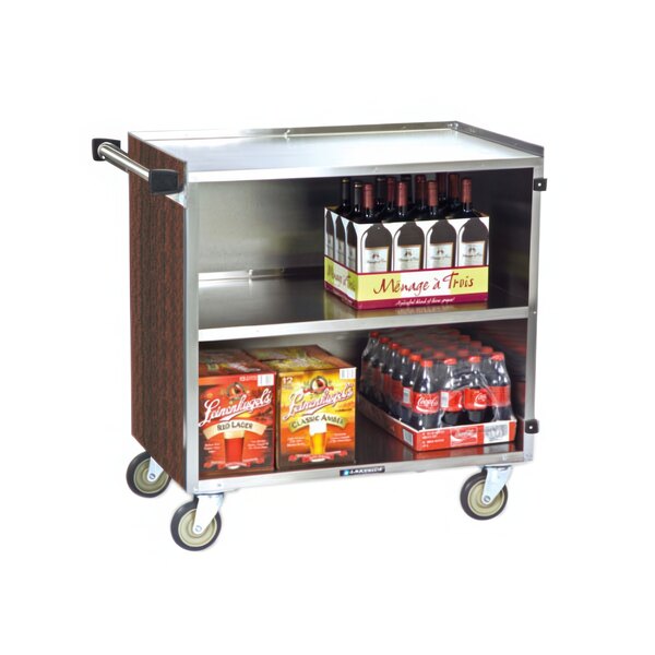 A Lakeside stainless steel utility cart with drinks and bottles of wine on it.