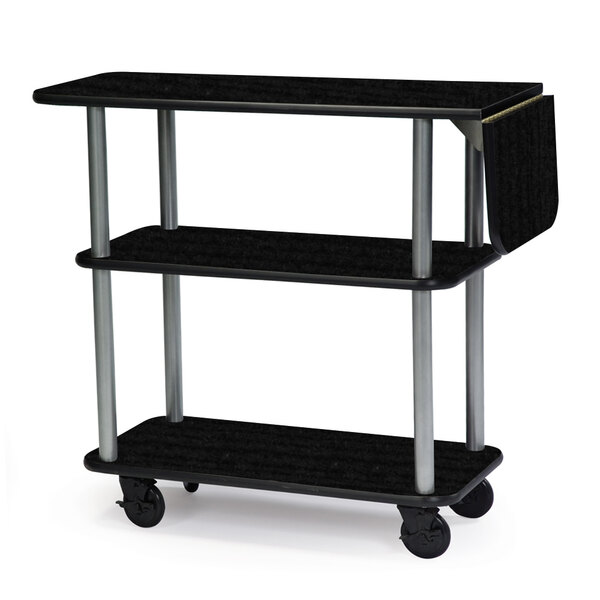 A black rectangular Geneva serving cart with three shelves and wheels.