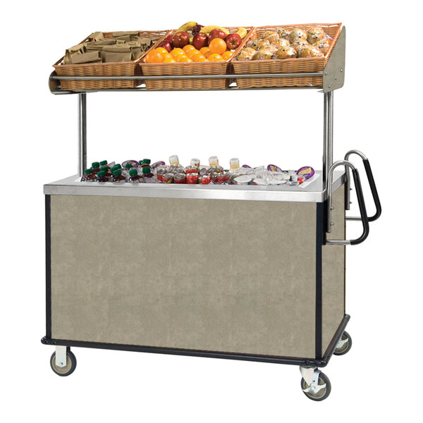 Lakeside 668BS Stainless Steel Vending Cart with Insulated Stainless Steel Bin, Overhead Shelf, and Beige Suede Finish - 28 1/2" x 54 3/4" x 67"