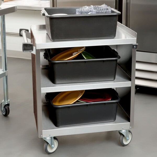 A Lakeside stainless steel utility cart with three shelves.