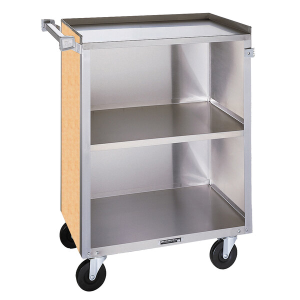 A stainless steel utility cart with three shelves and wheels.