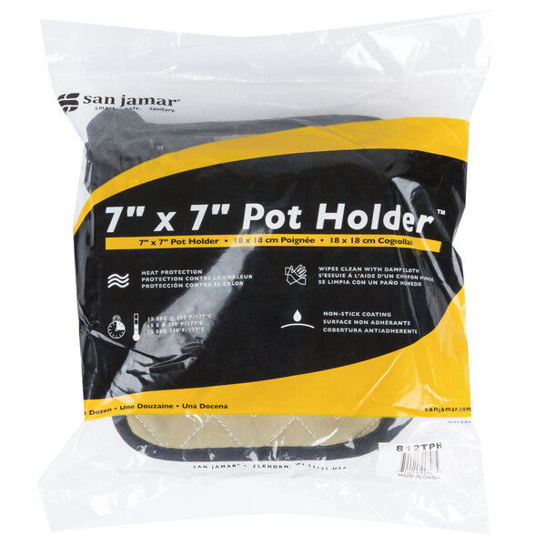 A package of 12 Bestan cotton pot holders in a plastic bag with a black and yellow label.