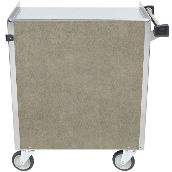 A Lakeside stainless steel utility cart with wheels and an enclosed base with a tan box on it.