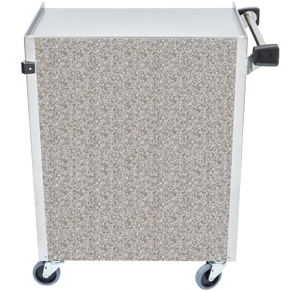 A Lakeside stainless steel utility cart with a gray top and enclosed base.
