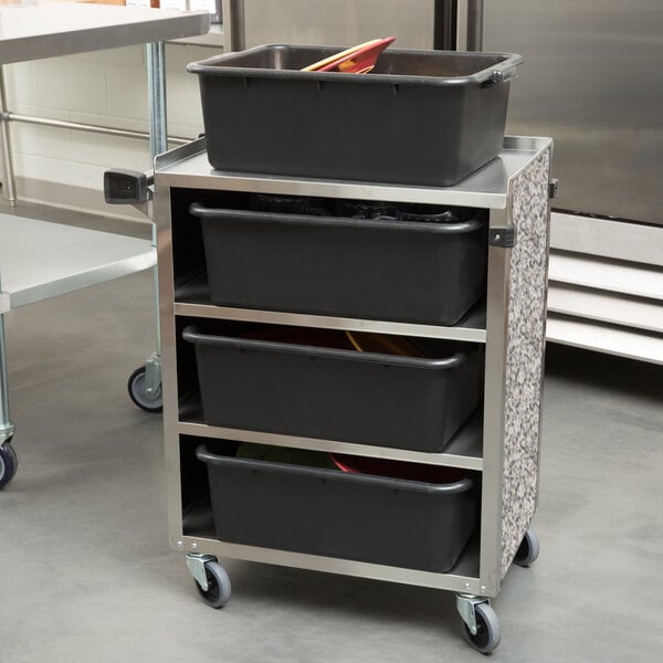 A Lakeside stainless steel utility cart with black bins on top.
