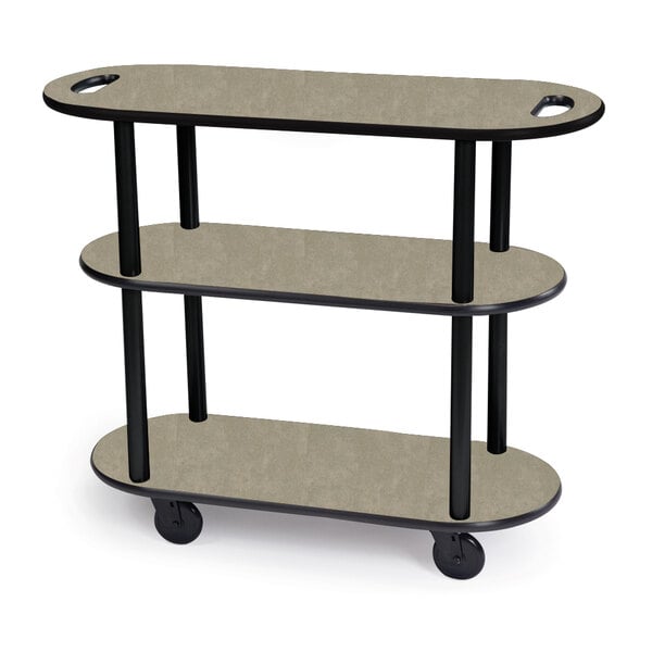 A Geneva beige laminate side service cart with three shelves and handle cutouts.