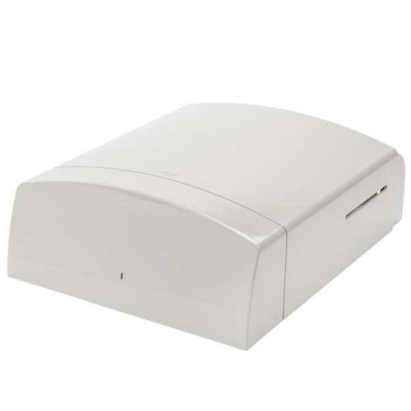 A white rectangular Bobrick paper towel dispenser with a lid on top.