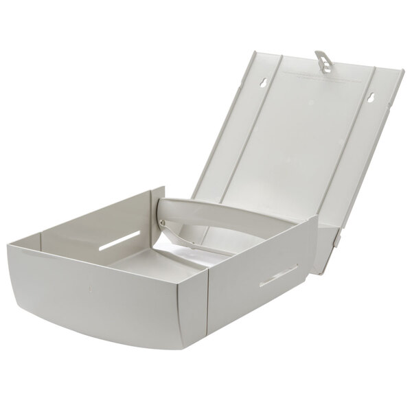 A white box with a lid open containing a gray Bobrick MatrixSeries paper towel dispenser.
